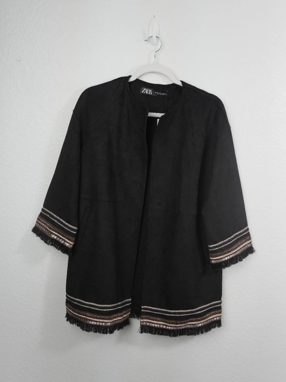 Zara Blazer Black Faux Suede Embroidered Fringe Hem Open Front Jacket Size XS
